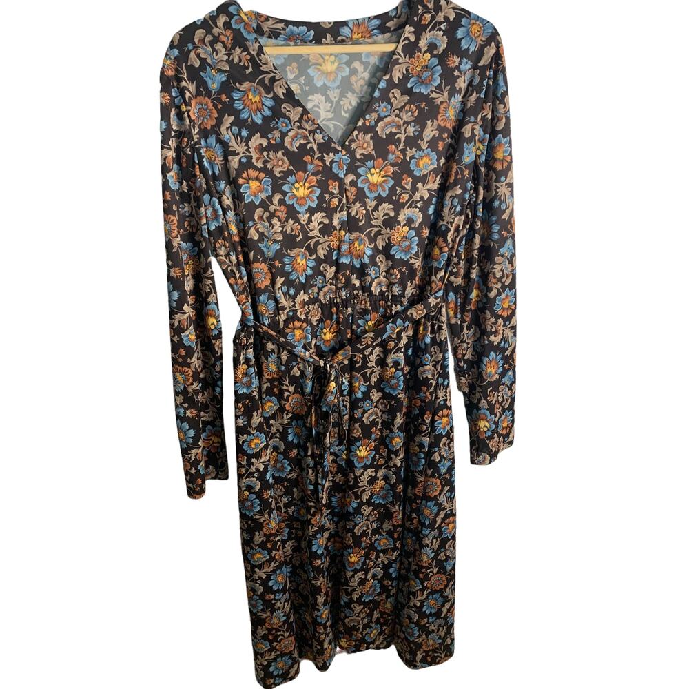 Vintage Handmade Waist Tie Flower Power V-Neck 3/4 Sleeve A-Line Mini Dress